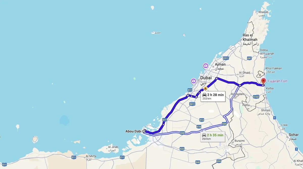 From Abou Dabi to Fujaïrah by car