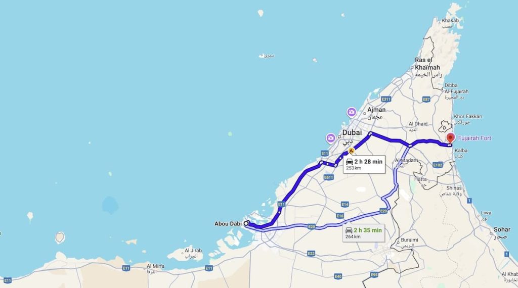 from Abou Dabi to Fujaïrah by car