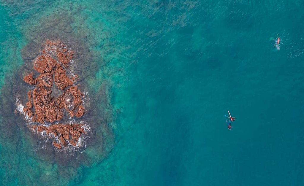 Snorkelling in the green water at Snoopy Island